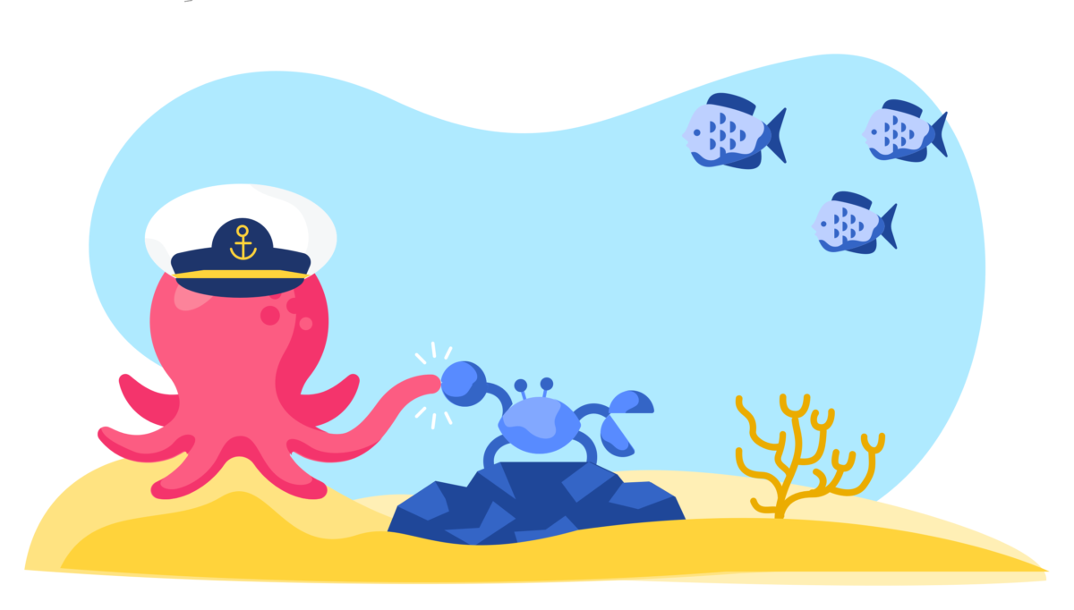 octopus wearing a captains cap high five with crab